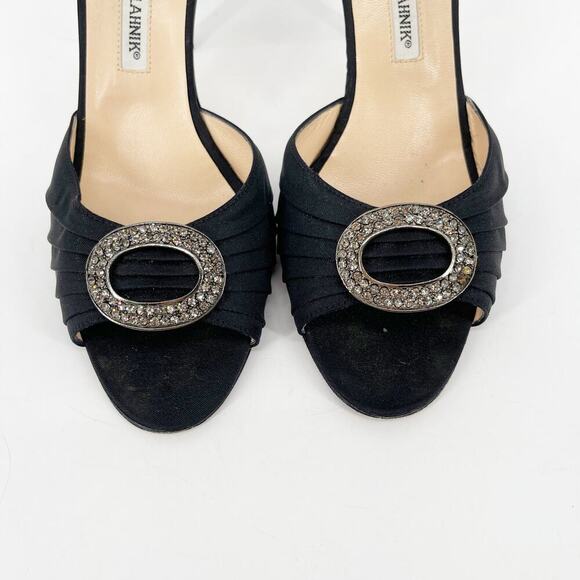 Manolo Blahnik y2k Black Satin Sedaraby Crystal D’Orsay Peep Toe Heels IT 41 - Picture 8 of 14